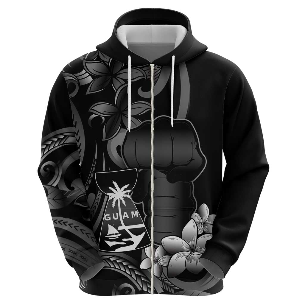 Black Hafa Adai Guam Zip Hoodie Chamorro Latte Stone Hand With Plumeria