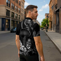 Black Hafa Adai Guam Zipper Polo Shirt Chamorro Latte Stone Hand With Plumeria - Polynesian Pride