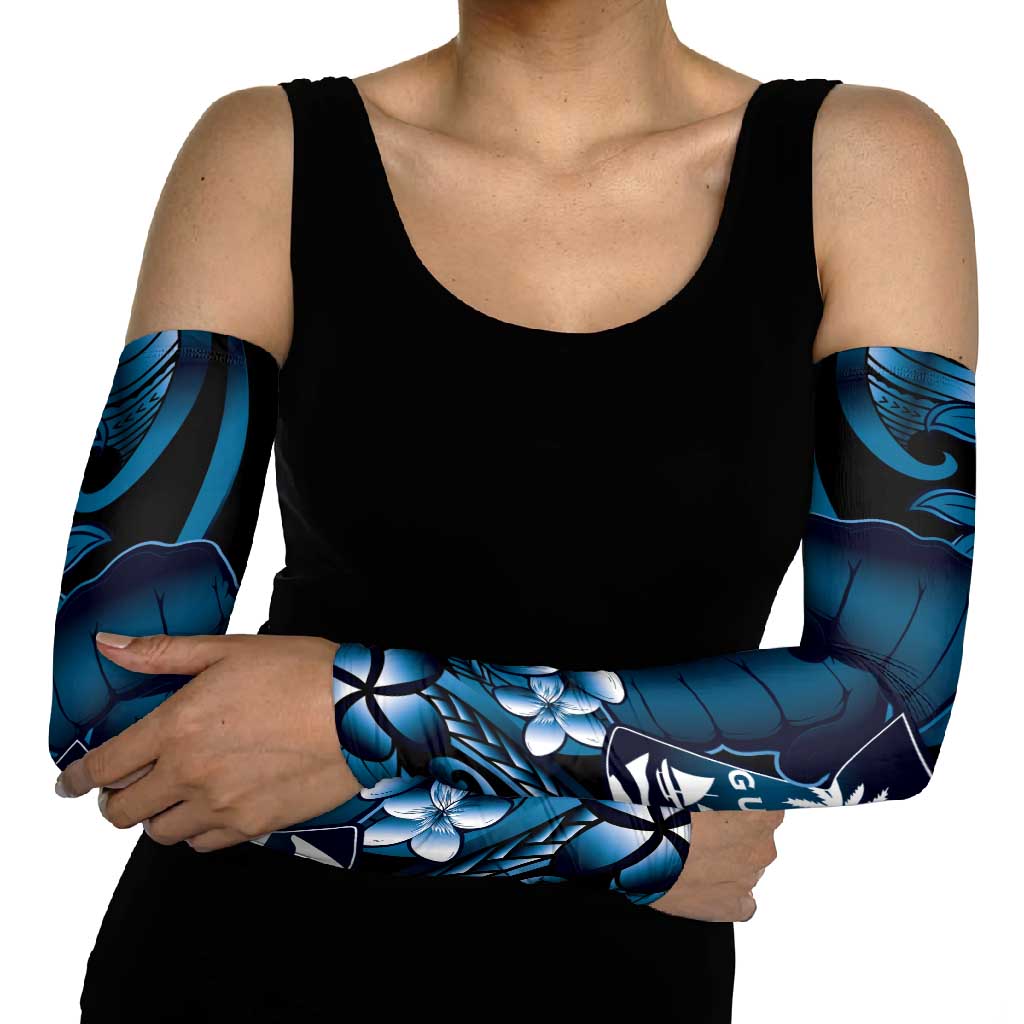 Blue Hafa Adai Guam Arm Sleeves Chamorro Latte Stone Hand With Plumeria - Polynesian Pride