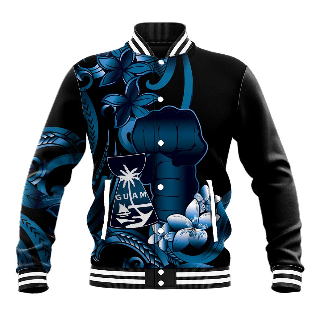 Blue Hafa Adai Guam Baseball Jacket Chamorro Latte Stone Hand With Plumeria