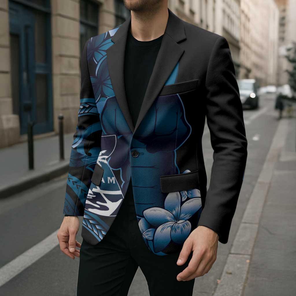 Blue Hafa Adai Guam Blazer Chamorro Latte Stone Hand With Plumeria - Polynesian Pride