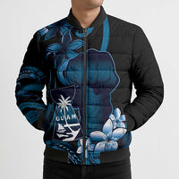 Blue Hafa Adai Guam Bomber Puffer Jacket Chamorro Latte Stone Hand With Plumeria - Polynesian Pride