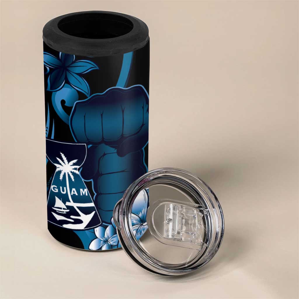 Blue Hafa Adai Guam 4 in 1 Can Cooler Tumbler Chamorro Latte Stone Hand With Plumeria
