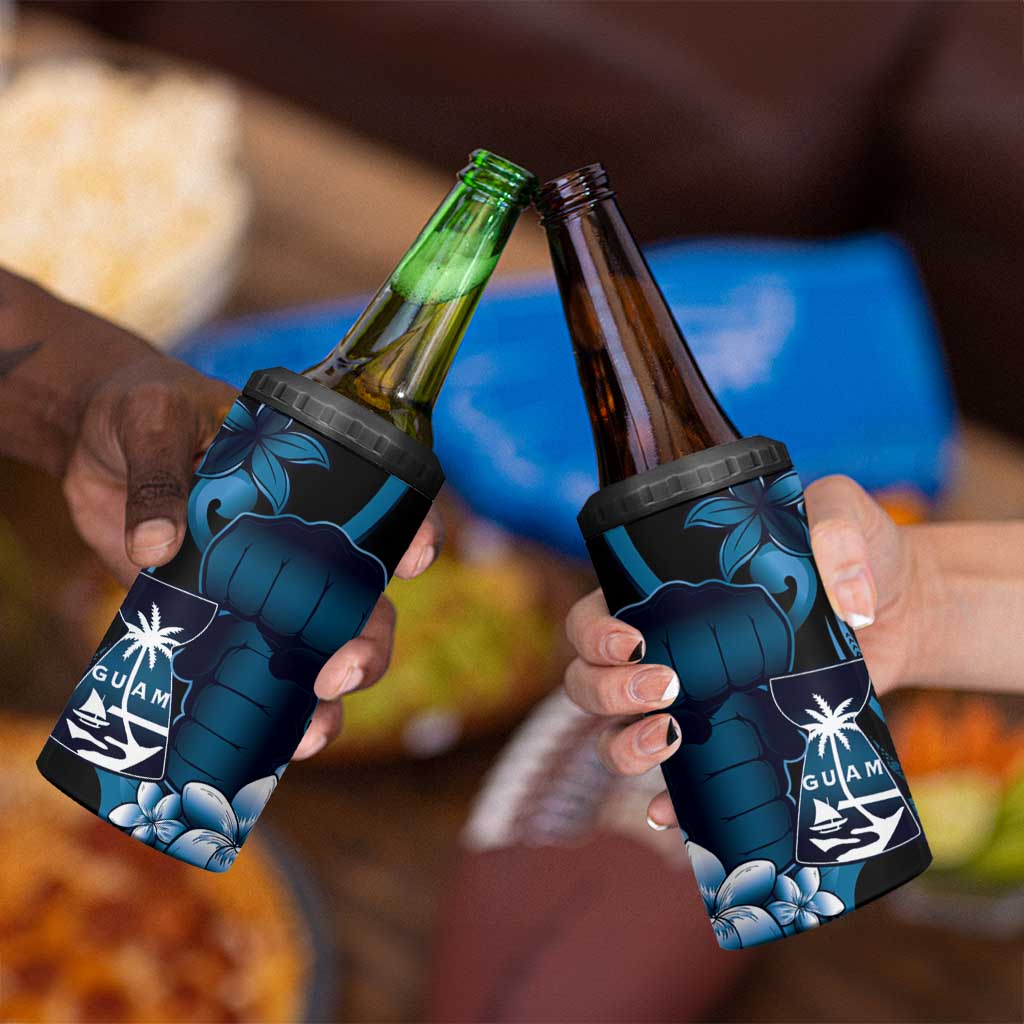 Blue Hafa Adai Guam 4 in 1 Can Cooler Tumbler Chamorro Latte Stone Hand With Plumeria