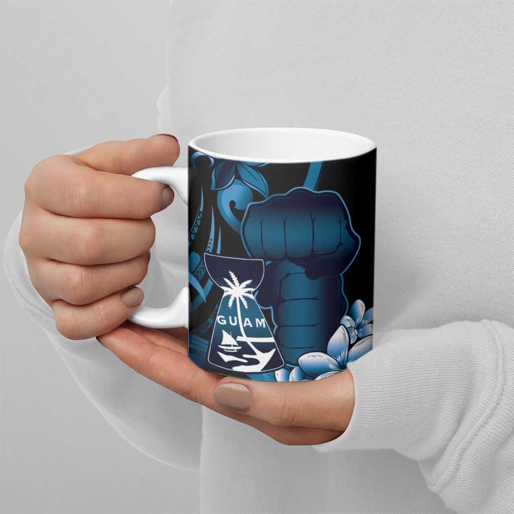 Blue Hafa Adai Guam Ceramic Mug Chamorro Latte Stone Hand With Plumeria - Polynesian Pride