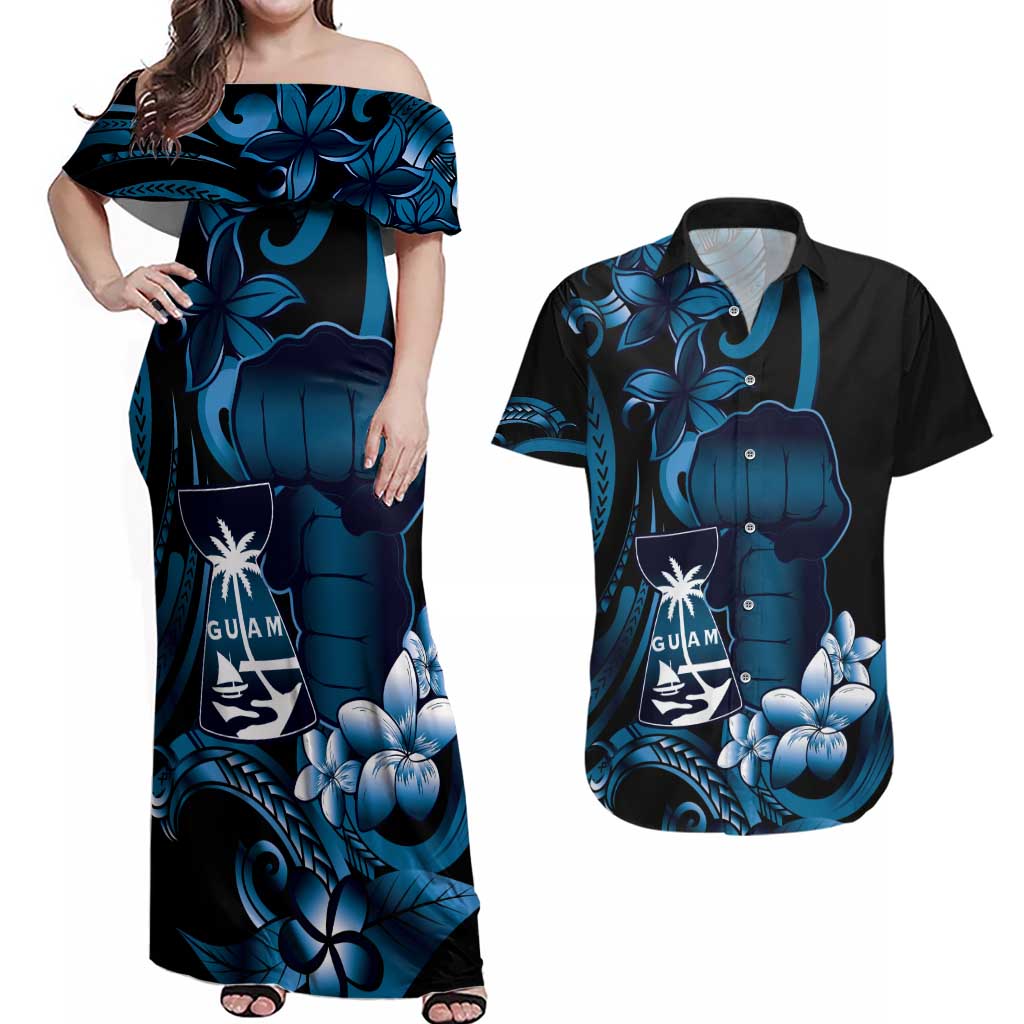 Blue Hafa Adai Guam Couples Matching Off Shoulder Maxi Dress and Hawaiian Shirt Chamorro Latte Stone Hand With Plumeria