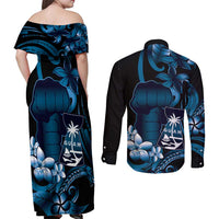 Blue Hafa Adai Guam Couples Matching Off Shoulder Maxi Dress and Long Sleeve Button Shirt Chamorro Latte Stone Hand With Plumeria