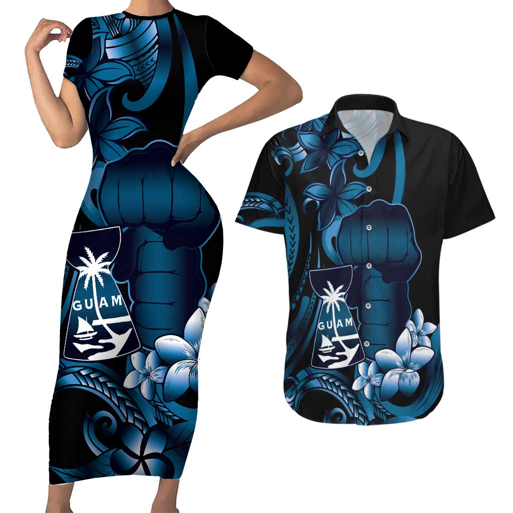 Blue Hafa Adai Guam Couples Matching Short Sleeve Bodycon Dress and Hawaiian Shirt Chamorro Latte Stone Hand With Plumeria