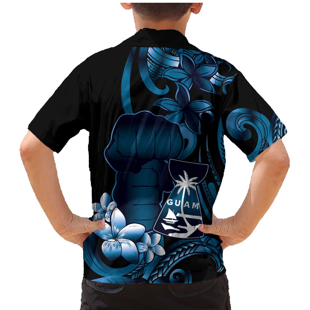 Blue Hafa Adai Guam Family Matching Mermaid Dress and Hawaiian Shirt Chamorro Latte Stone Hand With Plumeria