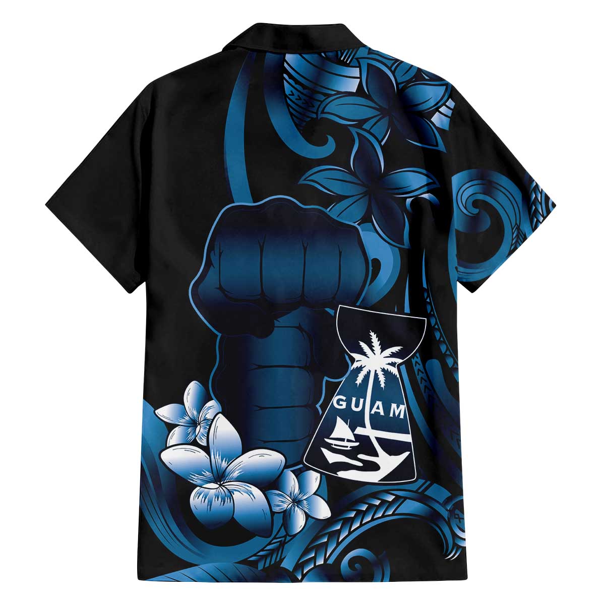 Blue Hafa Adai Guam Family Matching Off The Shoulder Long Sleeve Dress and Hawaiian Shirt Chamorro Latte Stone Hand With Plumeria