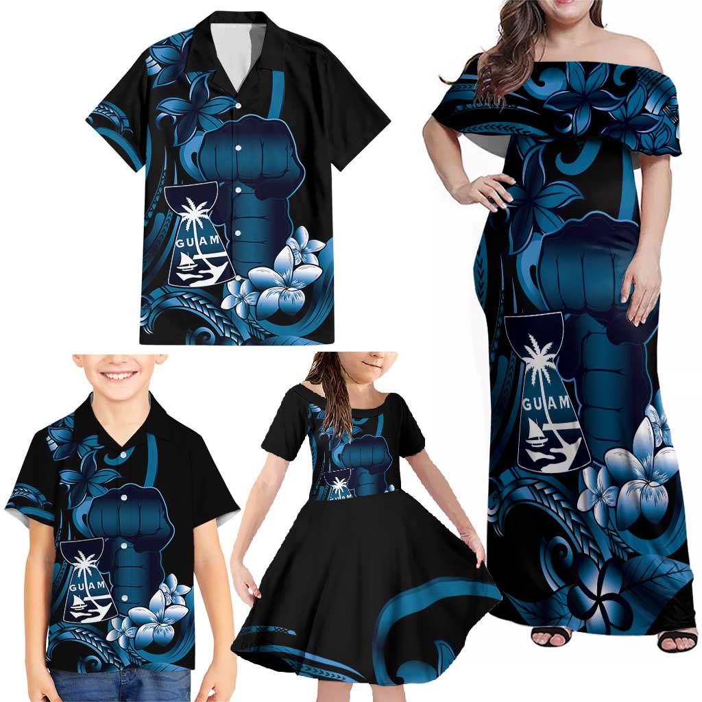 Blue Hafa Adai Guam Family Matching Off Shoulder Maxi Dress and Hawaiian Shirt Chamorro Latte Stone Hand With Plumeria