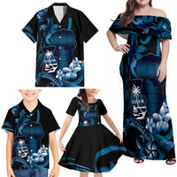 Blue Hafa Adai Guam Family Matching Off Shoulder Maxi Dress and Hawaiian Shirt Chamorro Latte Stone Hand With Plumeria