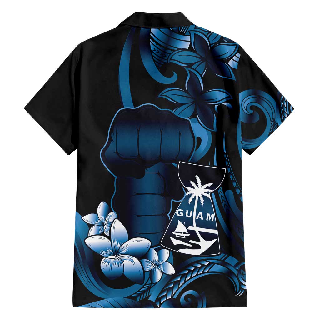 Blue Hafa Adai Guam Family Matching Off Shoulder Short Dress and Hawaiian Shirt Chamorro Latte Stone Hand With Plumeria