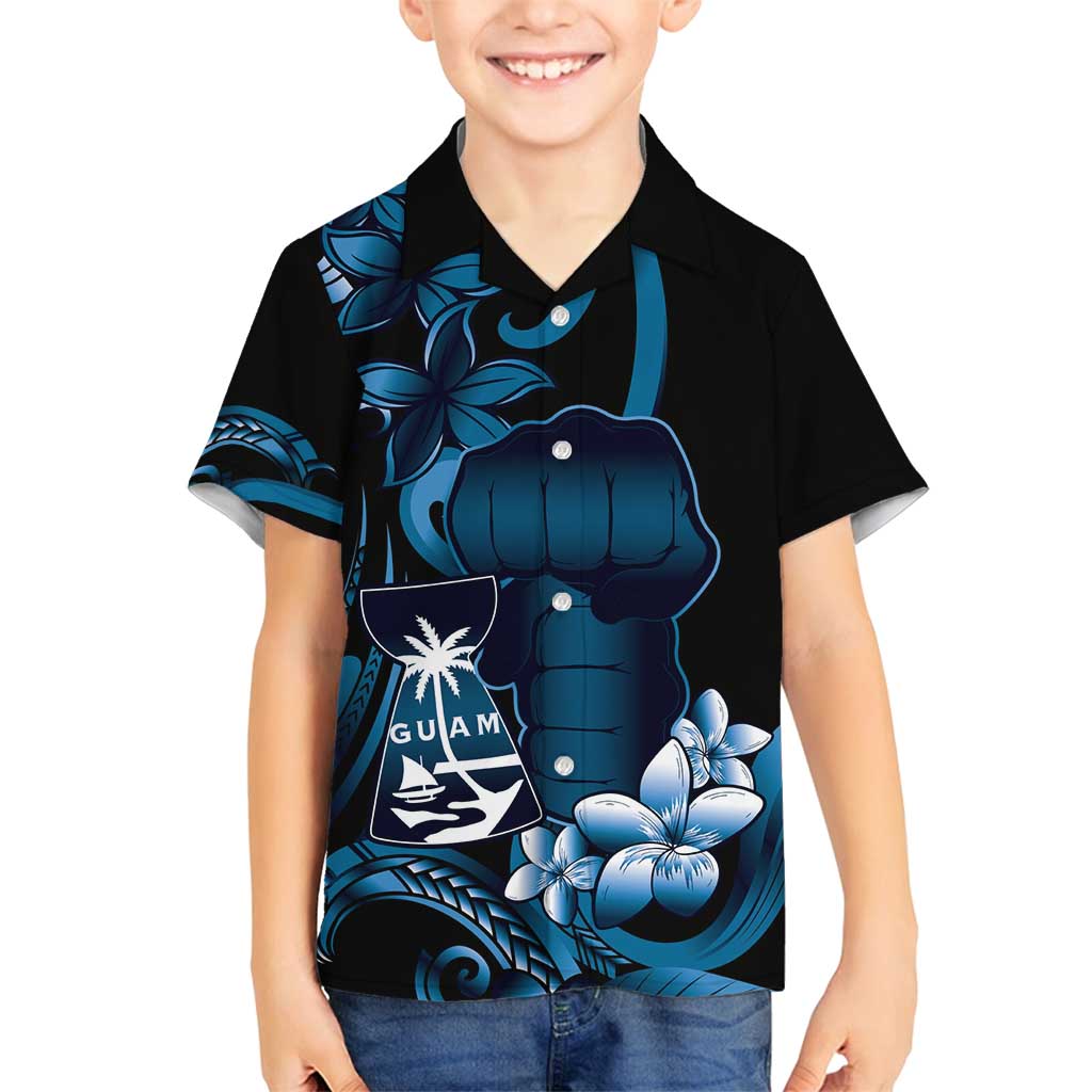 Blue Hafa Adai Guam Family Matching Off Shoulder Short Dress and Hawaiian Shirt Chamorro Latte Stone Hand With Plumeria