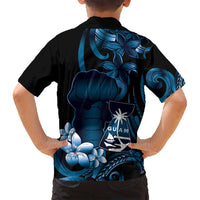 Blue Hafa Adai Guam Family Matching Puletasi and Hawaiian Shirt Chamorro Latte Stone Hand With Plumeria