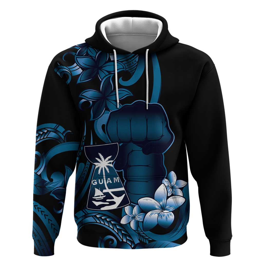 Blue Hafa Adai Guam Hoodie Chamorro Latte Stone Hand With Plumeria