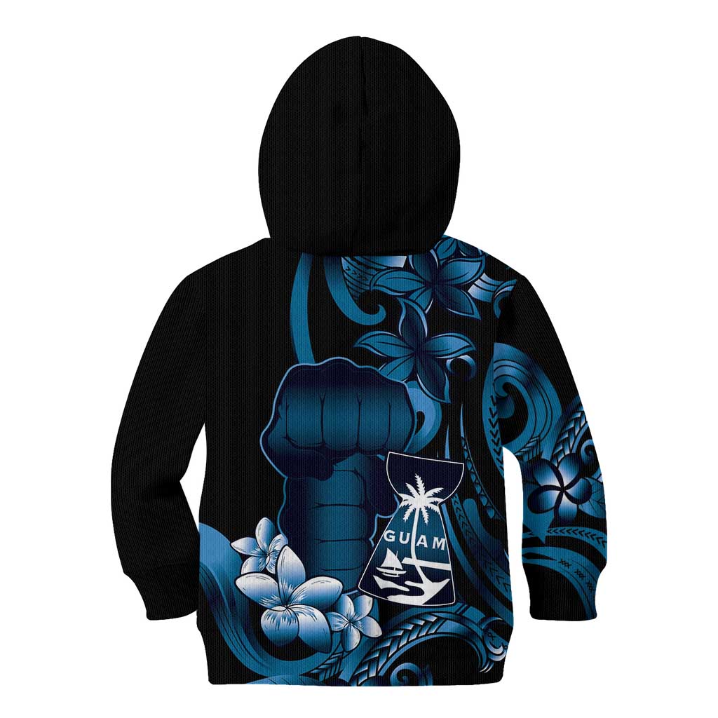 Blue Hafa Adai Guam Kid Hoodie Chamorro Latte Stone Hand With Plumeria