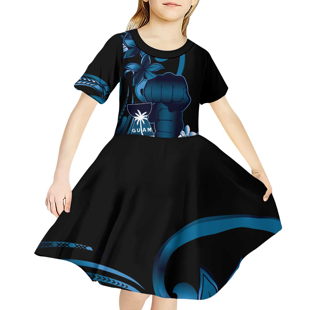 Blue Hafa Adai Guam Kid Short Sleeve Dress Chamorro Latte Stone Hand With Plumeria