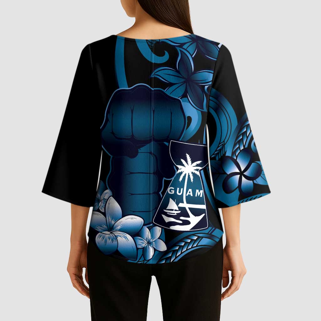 Blue Hafa Adai Guam Kimono Sleeve Blouse Chamorro Latte Stone Hand With Plumeria - Polynesian Pride