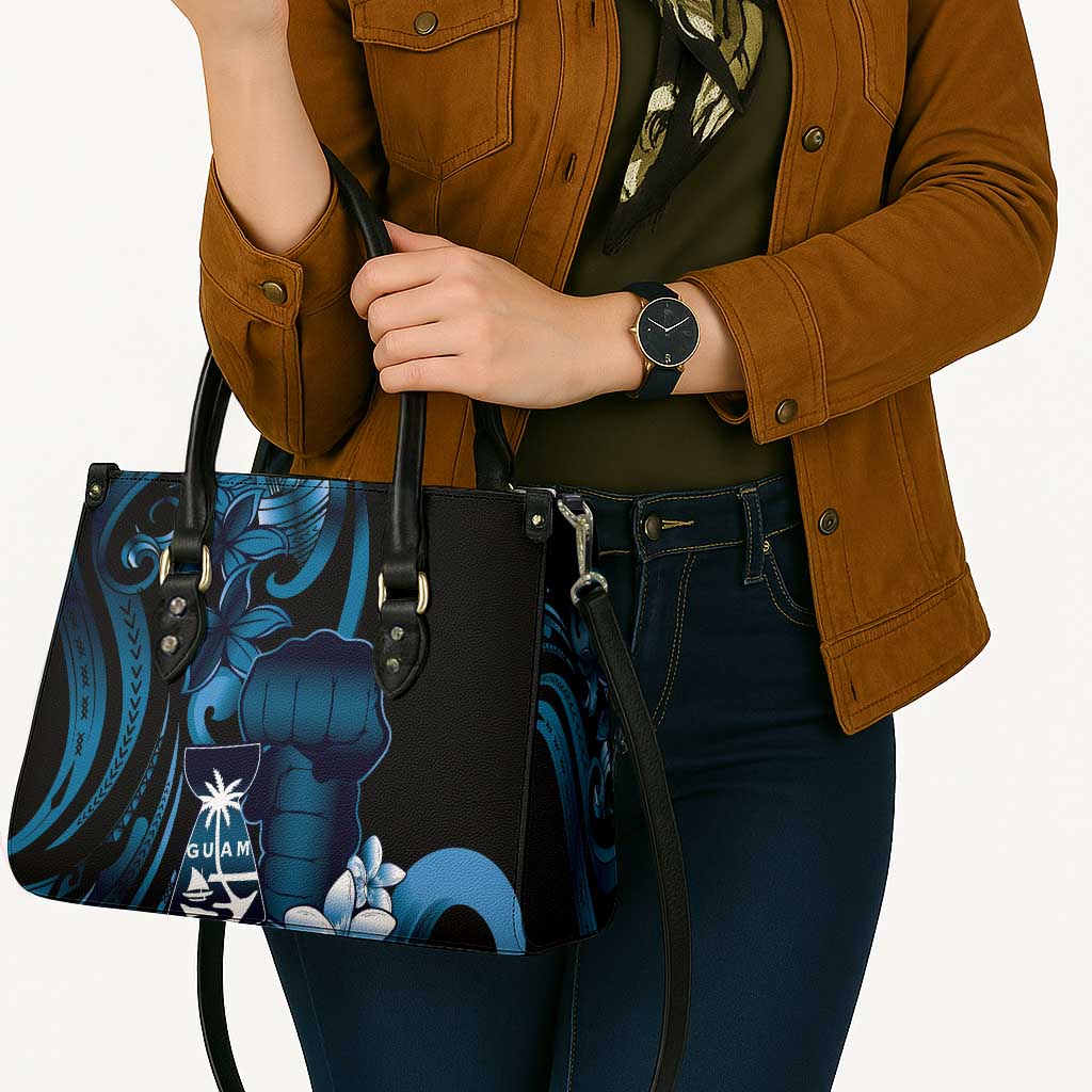 Blue Hafa Adai Guam Leather Bag Chamorro Latte Stone Hand With Plumeria - Polynesian Pride