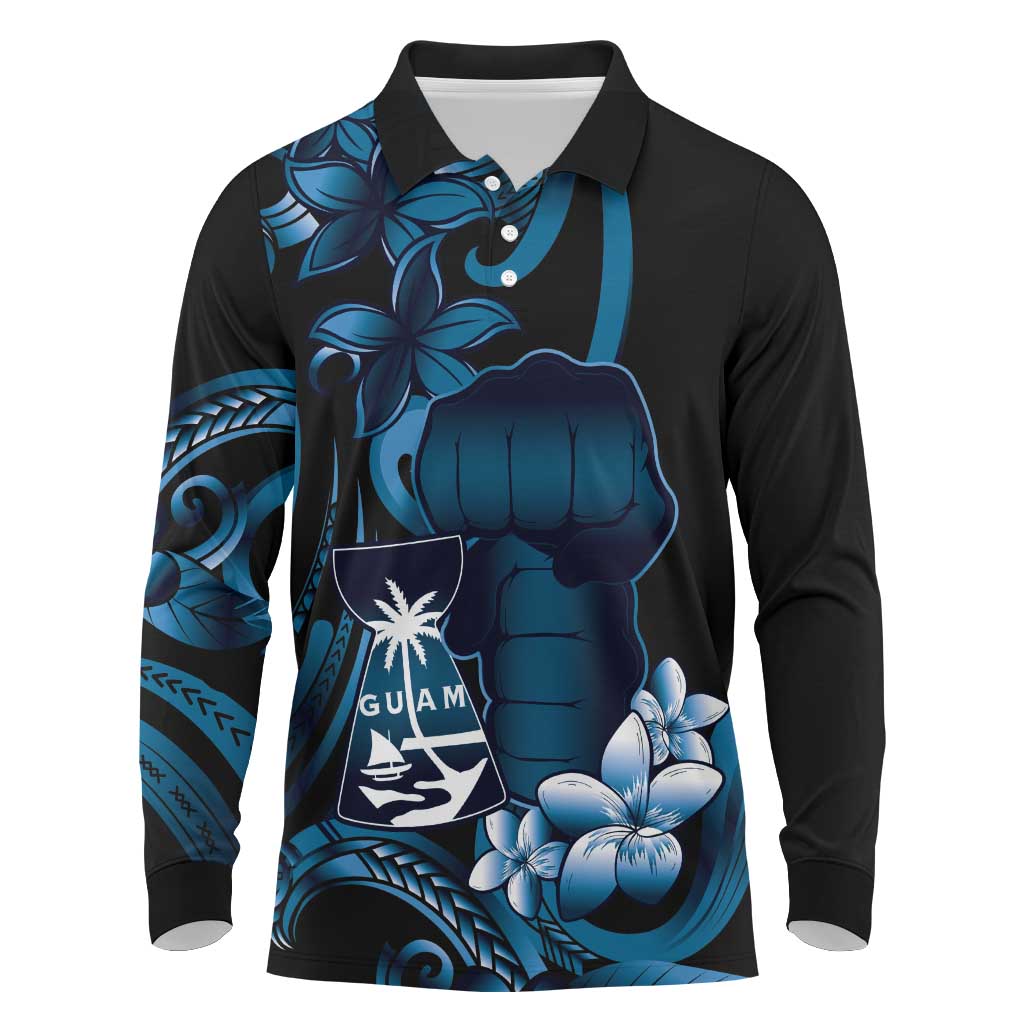 Blue Hafa Adai Guam Long Sleeve Polo Shirt Chamorro Latte Stone Hand With Plumeria