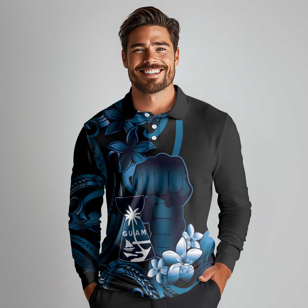Blue Hafa Adai Guam Long Sleeve Polo Shirt Chamorro Latte Stone Hand With Plumeria