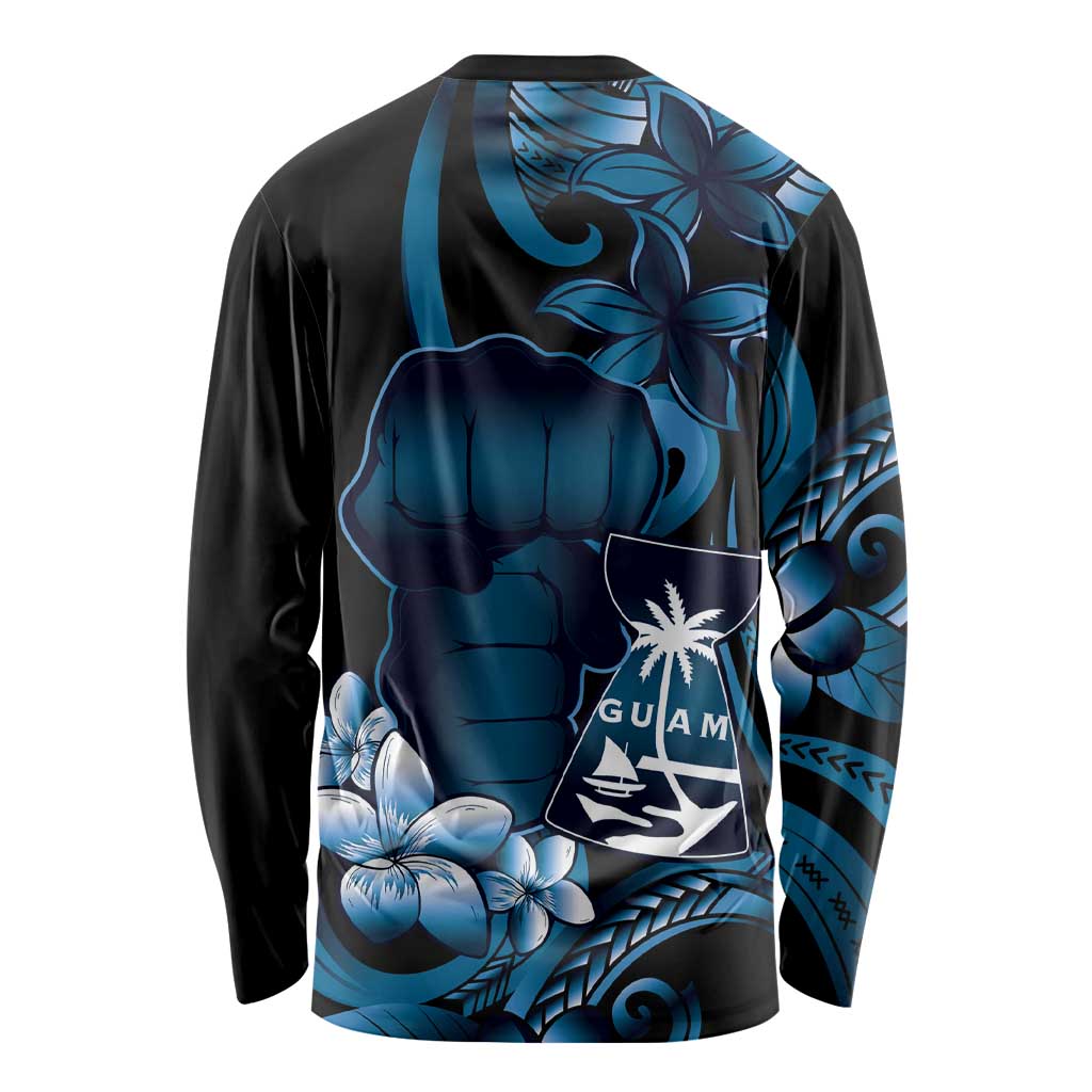 Blue Hafa Adai Guam Long Sleeve Shirt Chamorro Latte Stone Hand With Plumeria