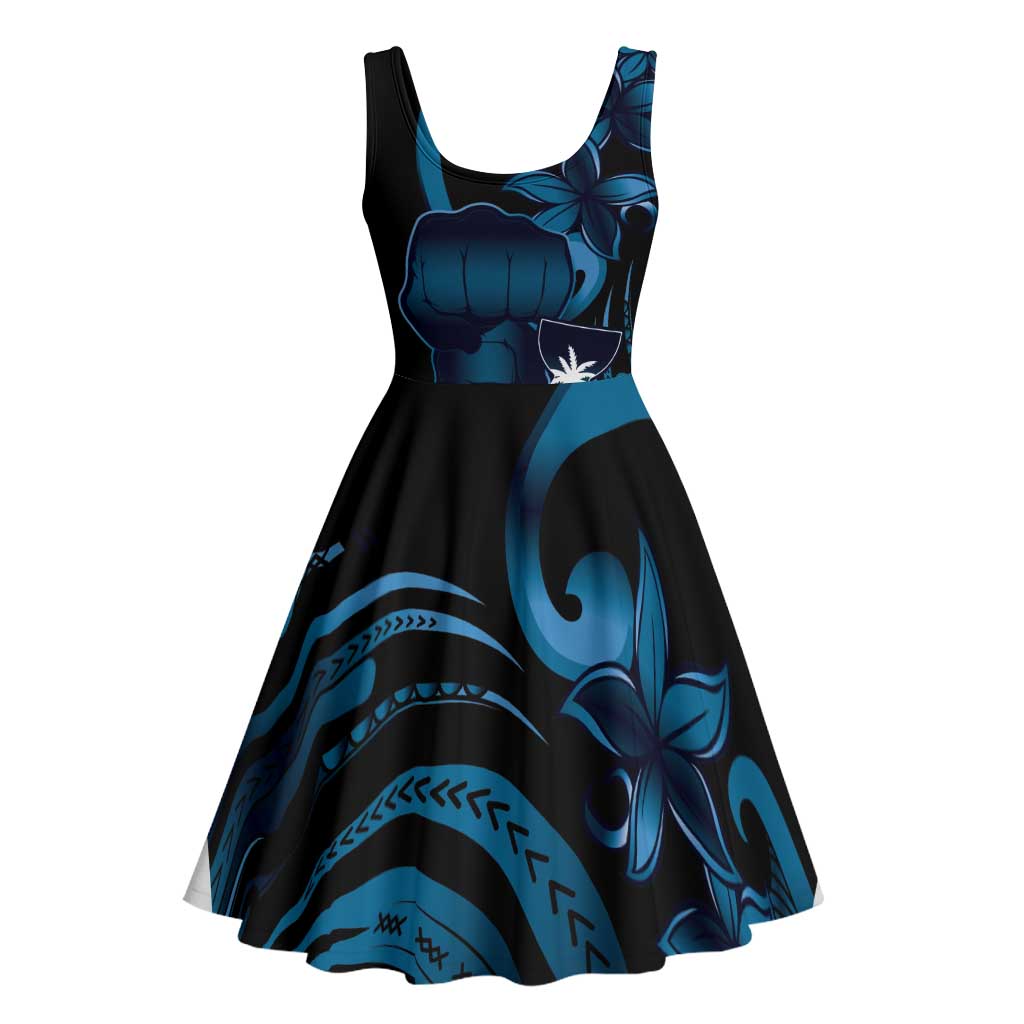 Blue Hafa Adai Guam Midi Dress Chamorro Latte Stone Hand With Plumeria - Polynesian Pride