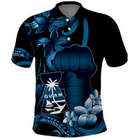 Blue Hafa Adai Guam Polo Shirt Chamorro Latte Stone Hand With Plumeria