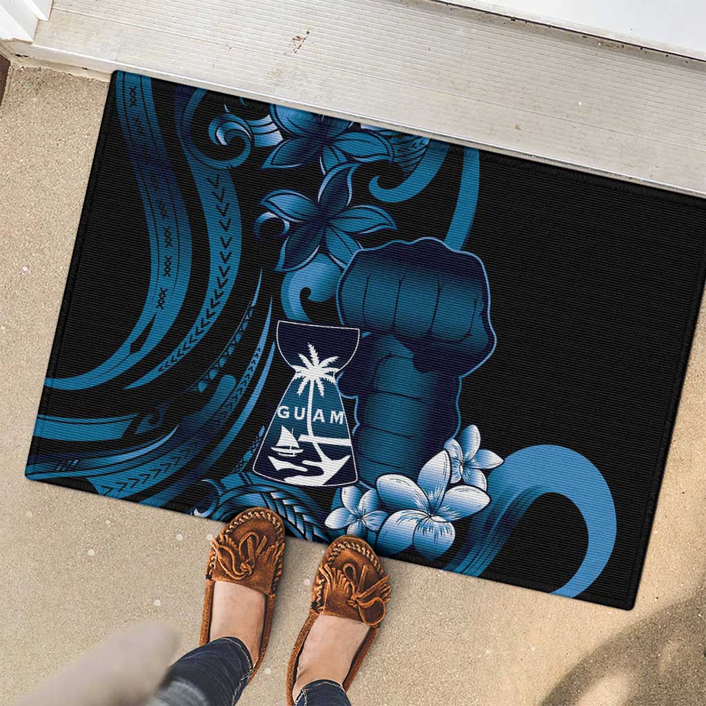 Blue Hafa Adai Guam Rubber Doormat Chamorro Latte Stone Hand With Plumeria