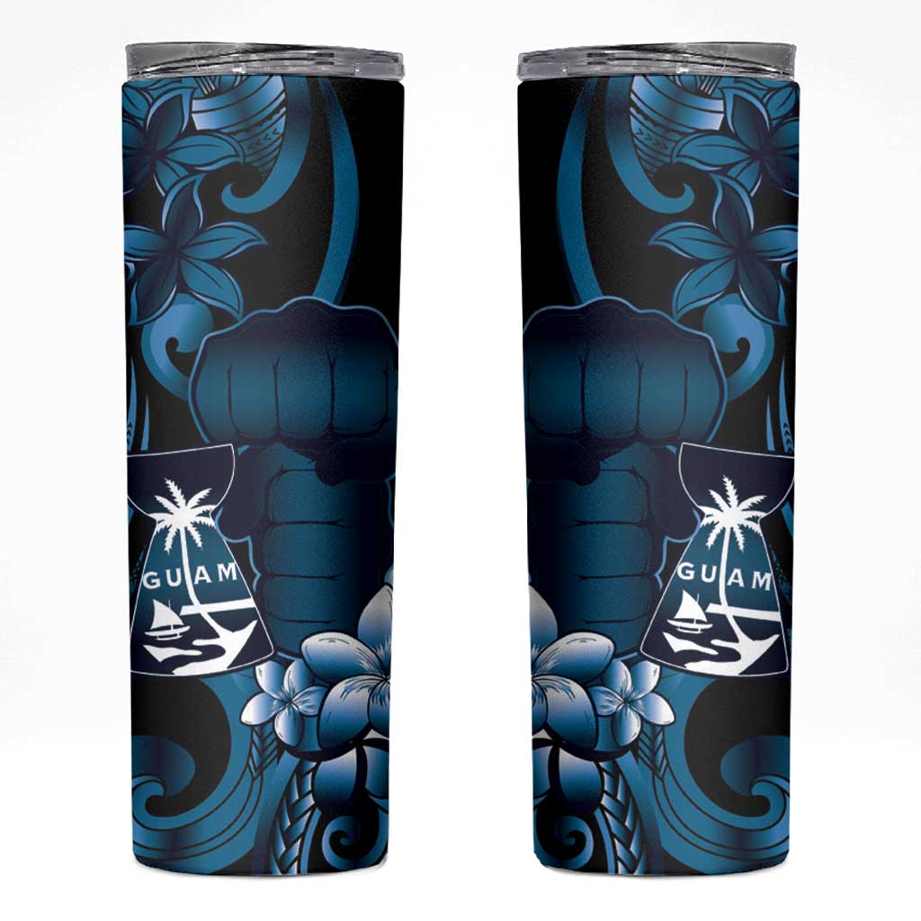 Blue Hafa Adai Guam Skinny Tumbler Chamorro Latte Stone Hand With Plumeria