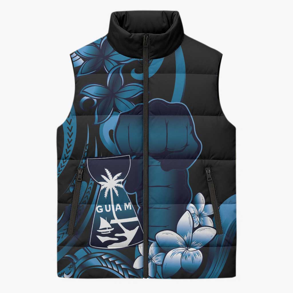 Blue Hafa Adai Guam Sleeveless Puffer Jacket Chamorro Latte Stone Hand With Plumeria - Polynesian Pride