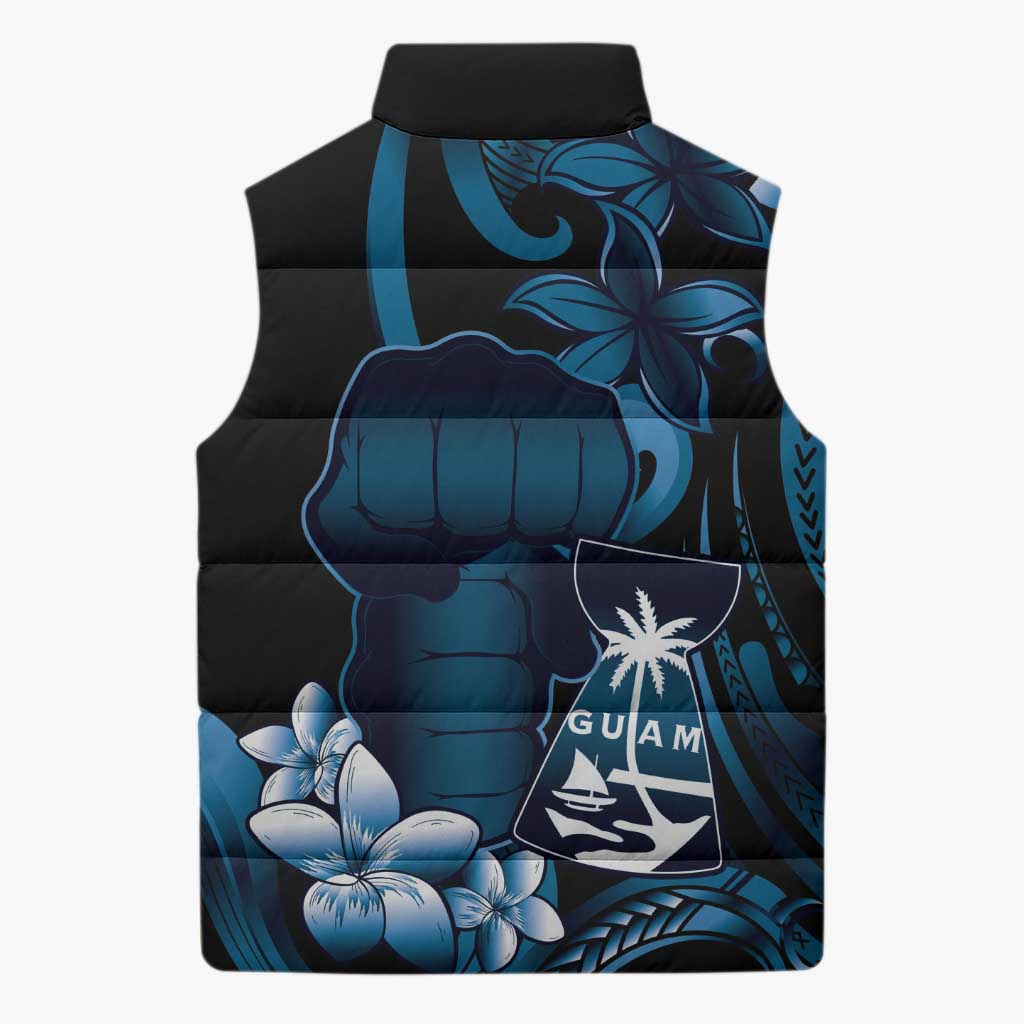 Blue Hafa Adai Guam Sleeveless Puffer Jacket Chamorro Latte Stone Hand With Plumeria - Polynesian Pride