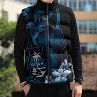 Blue Hafa Adai Guam Sleeveless Puffer Jacket Chamorro Latte Stone Hand With Plumeria - Polynesian Pride