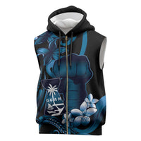 Blue Hafa Adai Guam Sleeveless Zip Hoodie Chamorro Latte Stone Hand With Plumeria - Polynesian Pride