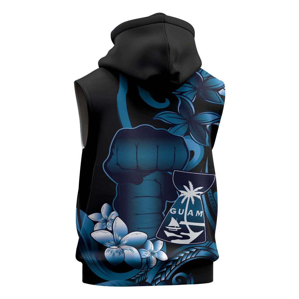 Blue Hafa Adai Guam Sleeveless Zip Hoodie Chamorro Latte Stone Hand With Plumeria - Polynesian Pride