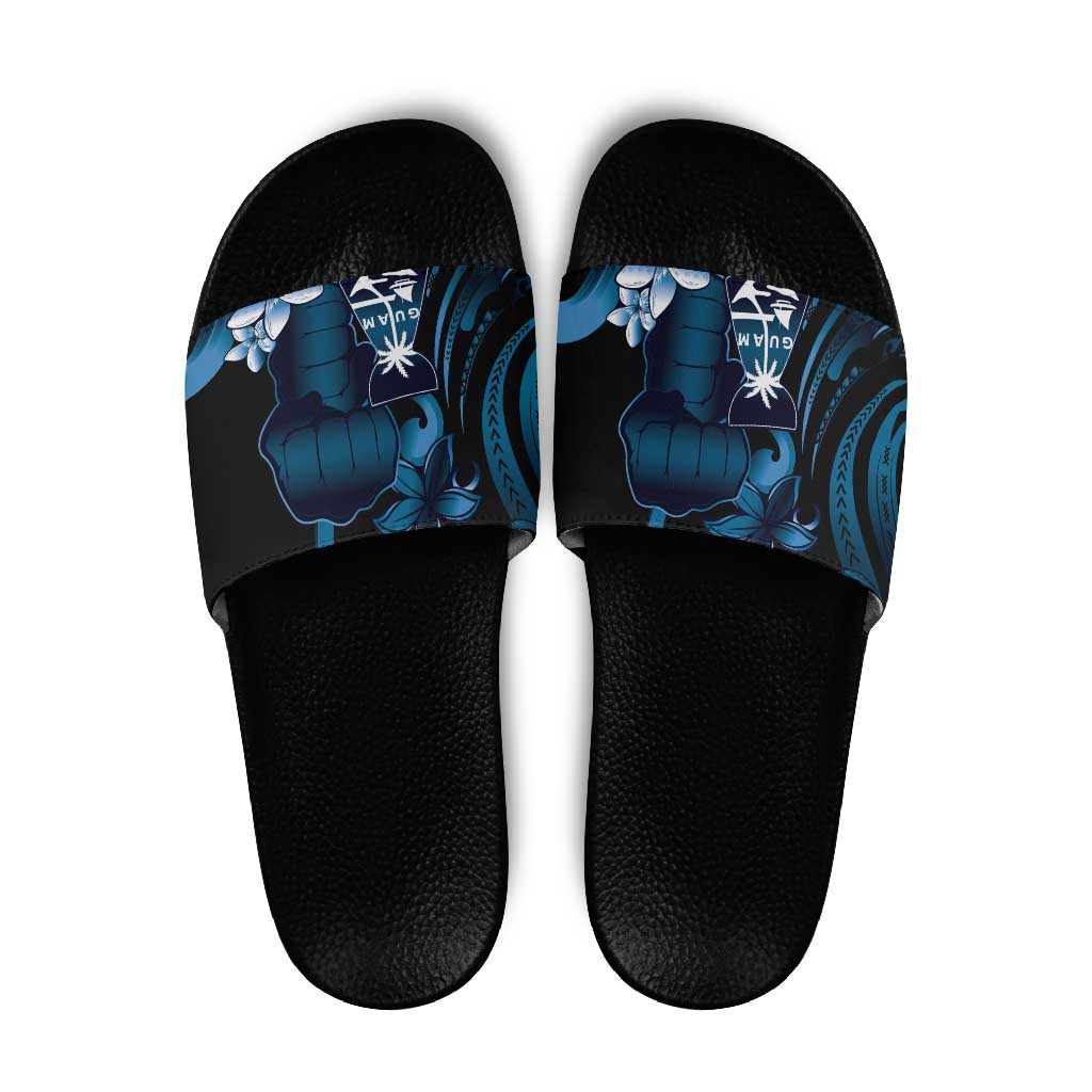 Blue Hafa Adai Guam Slide Sandals Chamorro Latte Stone Hand With Plumeria - Polynesian Pride