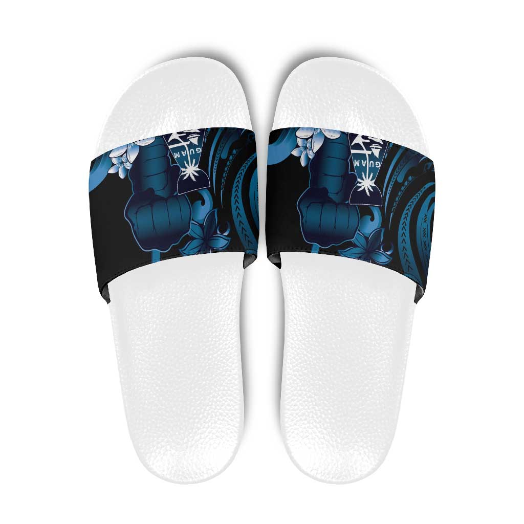 Blue Hafa Adai Guam Slide Sandals Chamorro Latte Stone Hand With Plumeria - Polynesian Pride