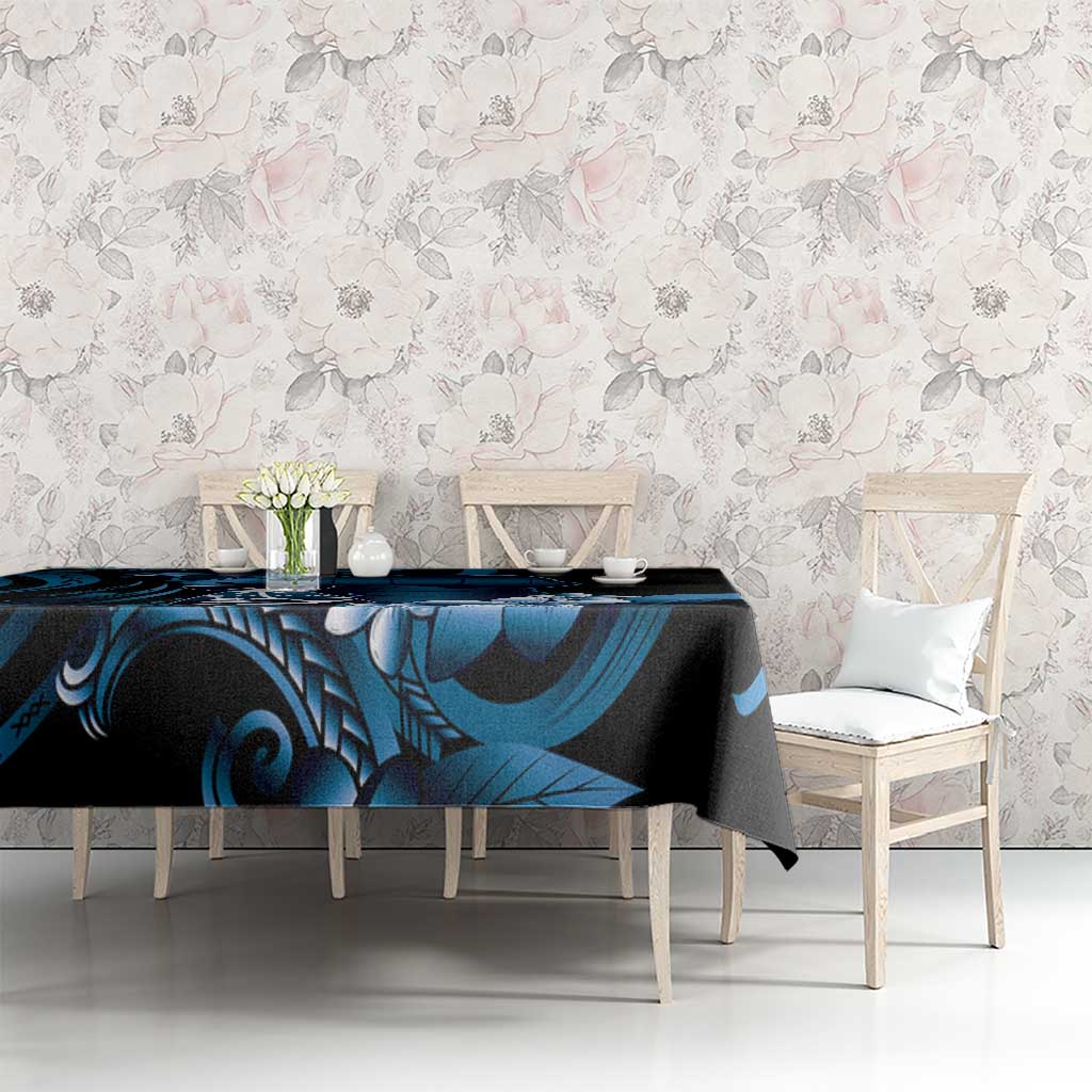 Blue Hafa Adai Guam Tablecloth Chamorro Latte Stone Hand With Plumeria