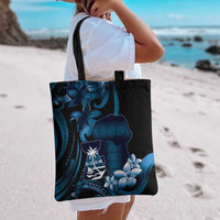 Blue Hafa Adai Guam Tote Bag Chamorro Latte Stone Hand With Plumeria - Polynesian Pride