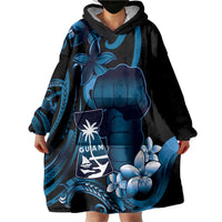 Blue Hafa Adai Guam Wearable Blanket Hoodie Chamorro Latte Stone Hand With Plumeria