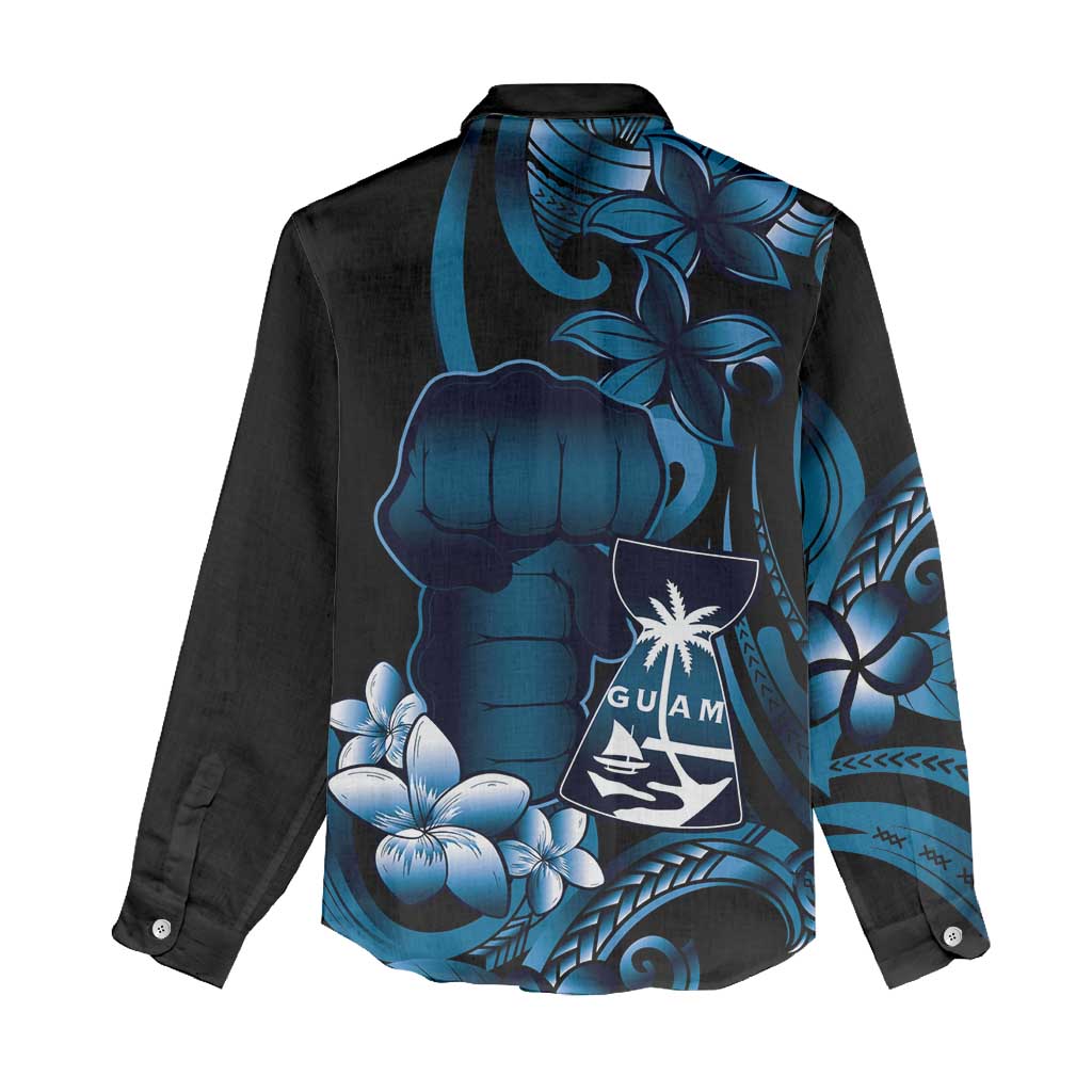 Blue Hafa Adai Guam Women Casual Shirt Chamorro Latte Stone Hand With Plumeria