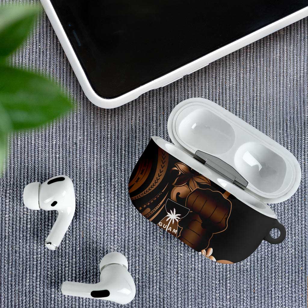 Brown Hafa Adai Guam AirPods Case Chamorro Latte Stone Hand With Plumeria - Polynesian Pride