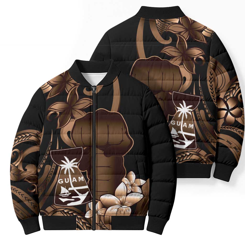 Brown Hafa Adai Guam Bomber Puffer Jacket Chamorro Latte Stone Hand With Plumeria - Polynesian Pride