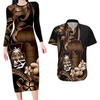 Brown Hafa Adai Guam Couples Matching Long Sleeve Bodycon Dress and Hawaiian Shirt Chamorro Latte Stone Hand With Plumeria