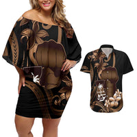 Brown Hafa Adai Guam Couples Matching Off Shoulder Short Dress and Hawaiian Shirt Chamorro Latte Stone Hand With Plumeria
