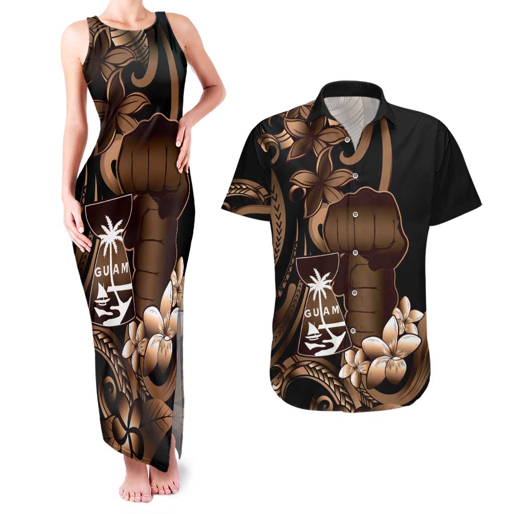 Brown Hafa Adai Guam Couples Matching Tank Maxi Dress and Hawaiian Shirt Chamorro Latte Stone Hand With Plumeria