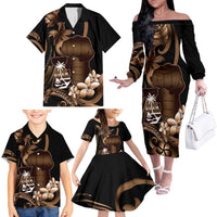 Brown Hafa Adai Guam Family Matching Off The Shoulder Long Sleeve Dress and Hawaiian Shirt Chamorro Latte Stone Hand With Plumeria