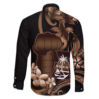 Brown Hafa Adai Guam Family Matching Off Shoulder Short Dress and Hawaiian Shirt Chamorro Latte Stone Hand With Plumeria