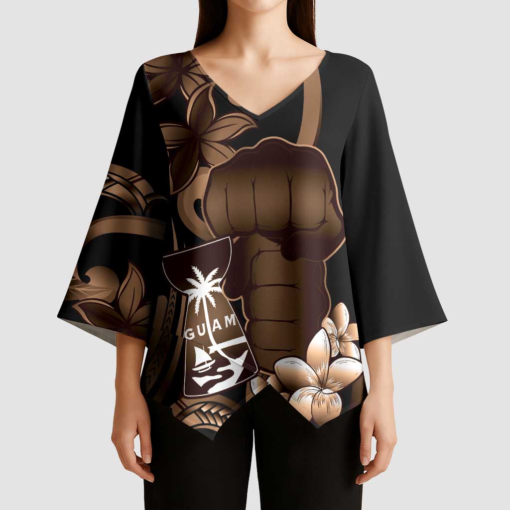 Brown Hafa Adai Guam Kimono Sleeve Blouse Chamorro Latte Stone Hand With Plumeria - Polynesian Pride